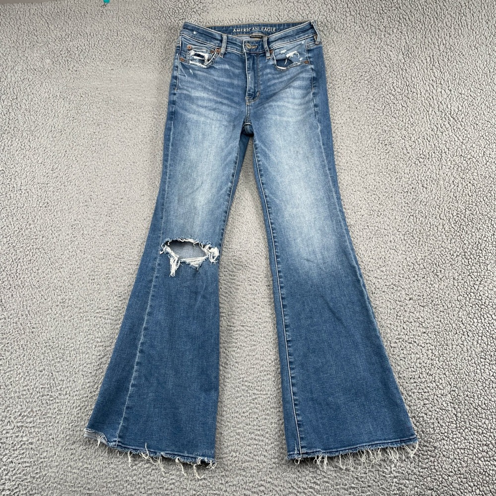 American Eagle Jeans Womens 2 Blue Super Hi-Rise Flare Super Stretch Distressed